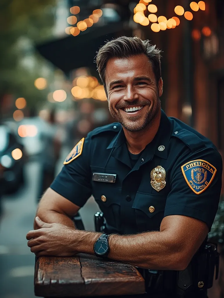 A young, handsome police officer in a black uniform, stands with his arms crossed, a warm smile on his face. The blurred background features warm, golden lights, hinting at a bustling city street. He wears a watch on his left wrist, and his badge is visible on his chest. A sense of dedication and strength emanates from him.