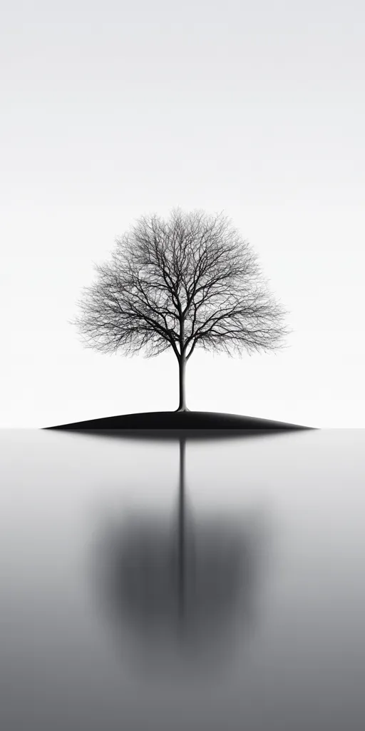 A solitary, bare-branched tree stands tall on a small island, its reflection mirrored perfectly in the still water below. The image is captured in stark black and white, emphasizing the simplicity and beauty of the natural scene. The minimalist composition creates a sense of tranquility and isolation, inviting contemplation.