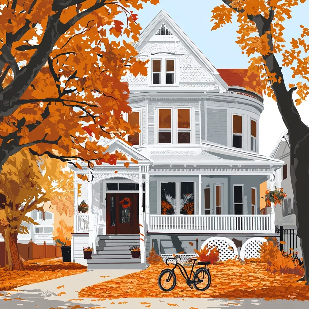 A white Victorian house with a wraparound porch sits nestled among the autumn foliage. The front yard is covered in fallen leaves, and a bicycle is parked near the porch steps. A wreath adorns the front door, adding a festive touch. The house has multiple windows and appears to be well-maintained. The scene exudes a cozy and inviting ambiance.