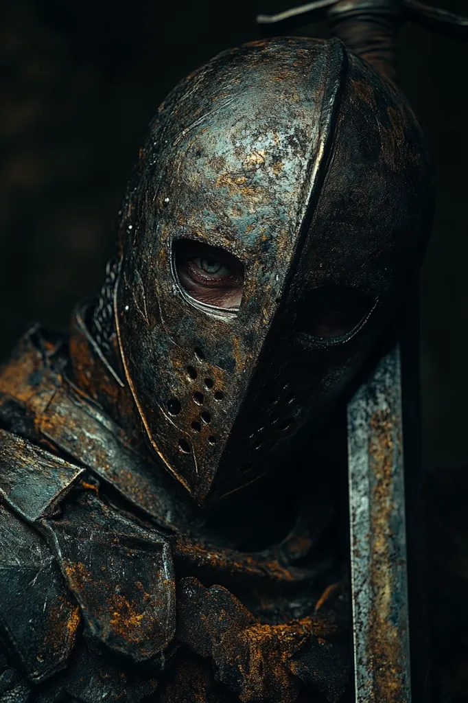 The image depicts a close-up of a knight's face, obscured by a weathered, rusty helmet.  A single eye, piercing and fierce, stares out from the metal mask. The knight's armor is heavily worn and battle-scarred, suggesting a long and arduous history. A sword, equally aged and stained, rests beside him, a testament to his warrior spirit. The darkness surrounding him adds to the sense of mystery and power.
