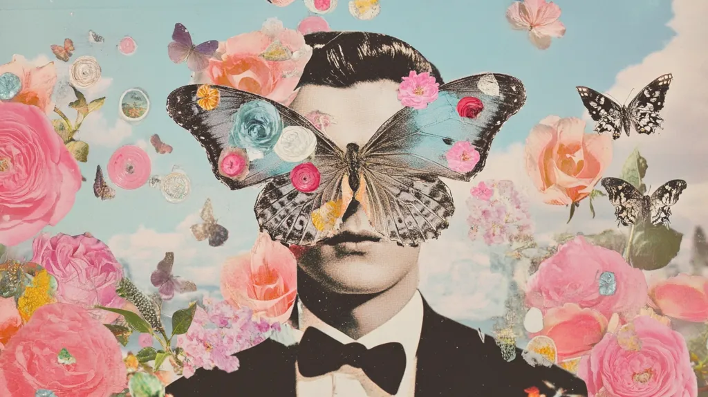 A collage featuring a man with a large butterfly covering his eyes. The butterfly is made up of different colored flowers, petals and other butterfly wings. The background is a soft blue with pink roses and other flowers scattered across. The man is wearing a black bowtie and a suit.  The image is whimsical and surreal, suggesting a feeling of beauty and transformation.