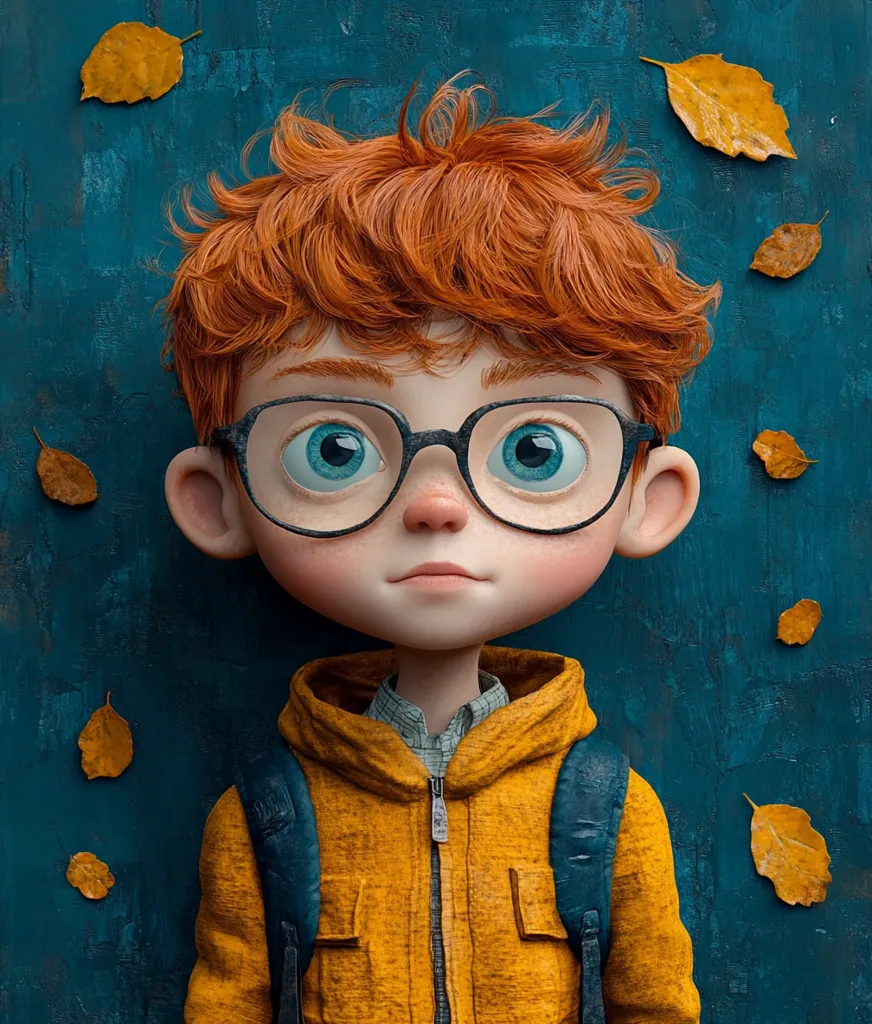 The image is of a young boy with bright red hair and a serious expression. He is wearing large, round glasses and a yellow jacket. He appears to be standing in front of a dark blue textured background with scattered yellow leaves. The image has a cartoonish, stylized look.  The boy's outfit and the background suggests a fall season setting.
