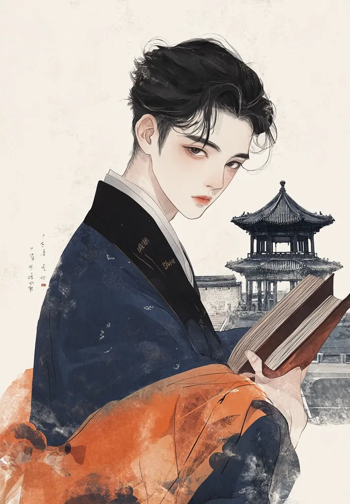 The image depicts a young man with dark hair, wearing a traditional Chinese robe, standing in front of a pagoda. He is holding a book in his left hand, and his gaze is directed towards the viewer. The scene is painted in a soft, watercolor style, with muted colors and a sense of calm. The man's expression is serene and contemplative, suggesting a moment of peace and reflection. The overall impression is one of elegance and beauty, evoking a sense of traditional Chinese culture.