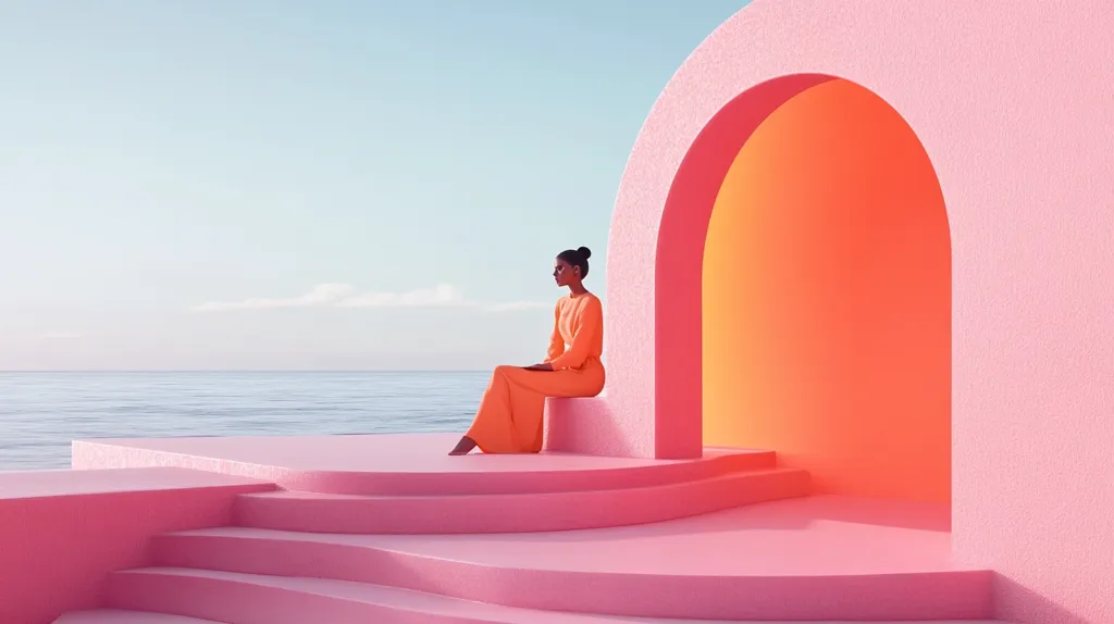 A woman in a bright orange dress sits on a pink platform overlooking the ocean. The platform is part of a larger structure made of pink, arching outwards to create a doorway that frames the view of the sea. The sky is a pale blue and the water is calm, reflecting the soft light of the setting sun.  The overall aesthetic is serene and minimalist, with a focus on the interplay of colors and shapes.