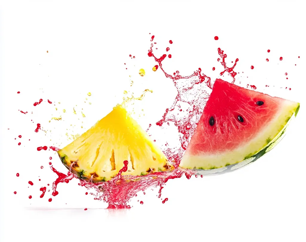 A vibrant image of a pineapple and a watermelon slice, both splattered with red juice against a white background. The fruit is suspended in mid-air, as if in motion, with splashes of juice creating a dynamic and energetic scene. The image celebrates the freshness and vitality of summer fruits.