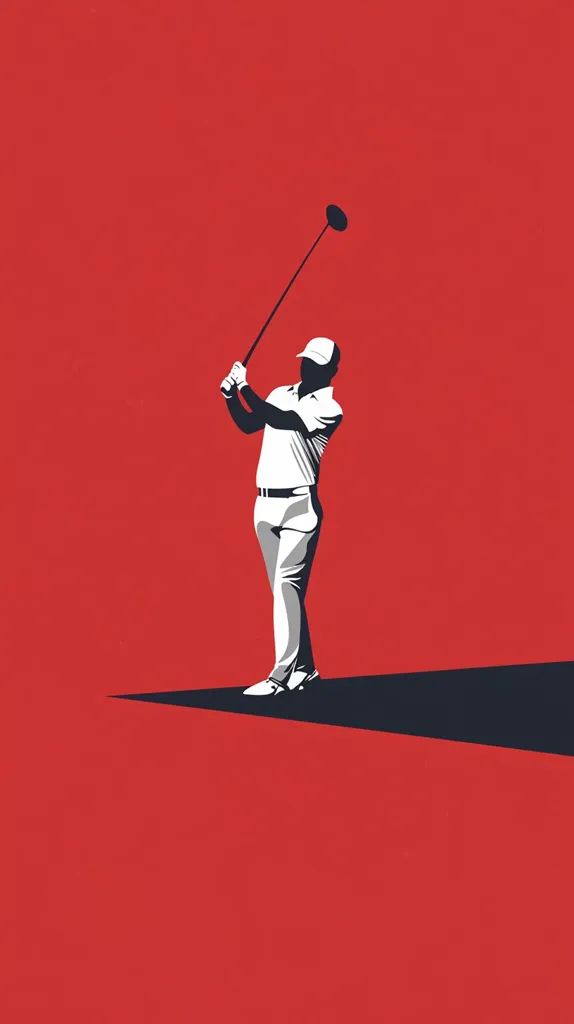 The image depicts a golfer in the midst of a swing. He is wearing white pants and a white shirt, and a white cap,  standing on a small sliver of ground against a bright red background. The image is minimalist and stylized, with sharp lines and strong colors. The golfer's silhouette is striking against the vibrant red backdrop, creating a sense of dynamism and power.