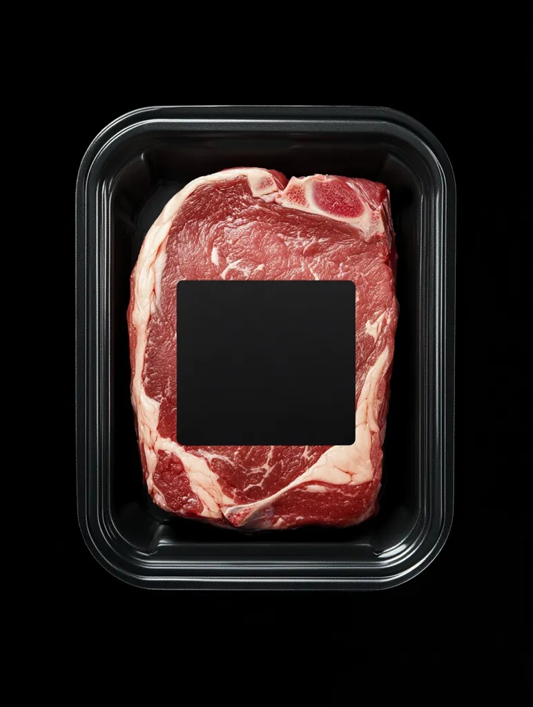 A single, raw, marbled steak sits in a black plastic tray, ready for grilling or cooking. The steak is positioned in the center of the tray, with a black rectangle covering the label. It is a  prime cut of beef with visible marbling, and the black background highlights its rich color.