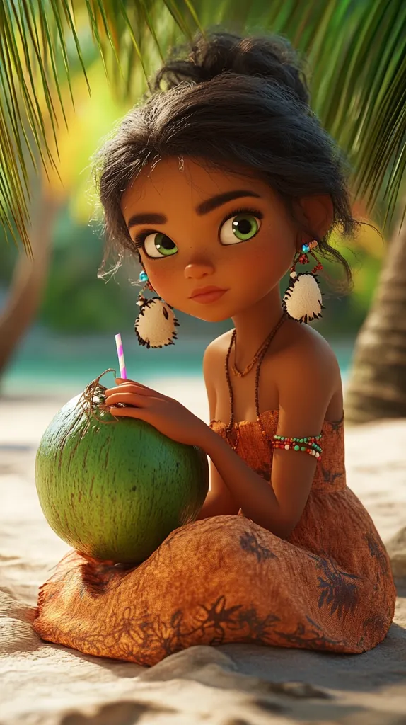 A young girl with long dark hair and brown eyes sits on a sandy beach. She wears a flowing orange dress with a floral pattern and a straw hat. She holds a large green coconut in her lap, a pink and white straw protruding from the top. She wears jewelry around her neck and wrist and large white earrings. The girl has a relaxed expression and seems to be enjoying her time on the beach.