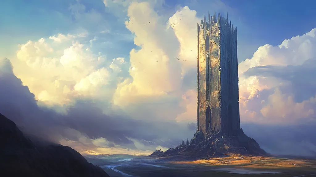 A tall, stone tower stands alone in a desolate landscape. The tower is weathered and worn, with crumbling stone and broken windows. The sky is a hazy blue with fluffy white clouds, and the ground is covered in a thin layer of sand. The scene is peaceful and serene, with a sense of mystery and solitude. The tower appears to be a remnant of a lost civilization, standing as a silent sentinel in the vastness of the landscape.