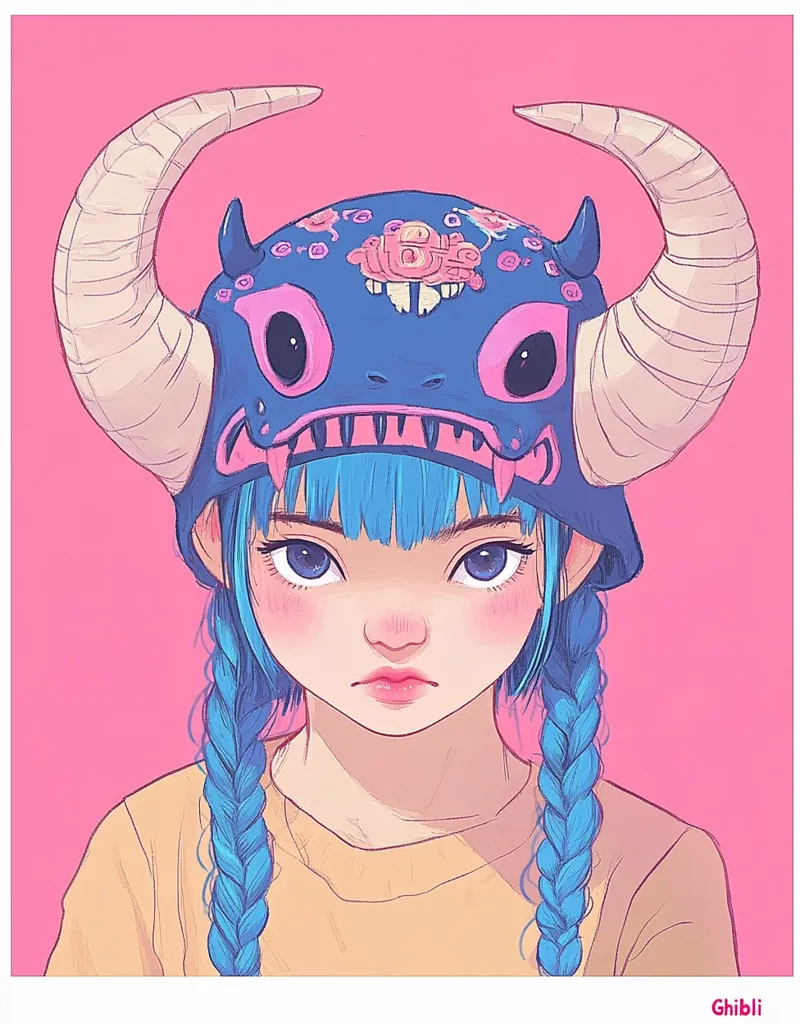 A young girl with long blue braids and a serious expression wears a blue, pink, and white horned helmet with intricate detailing. Her skin is a light peach, and she is wearing a yellow shirt. The background is a light pink. The image has a whimsical and slightly surreal quality, reminiscent of anime or cartoon art styles. The girl's expression is both captivating and enigmatic, leaving viewers to ponder her thoughts and feelings.