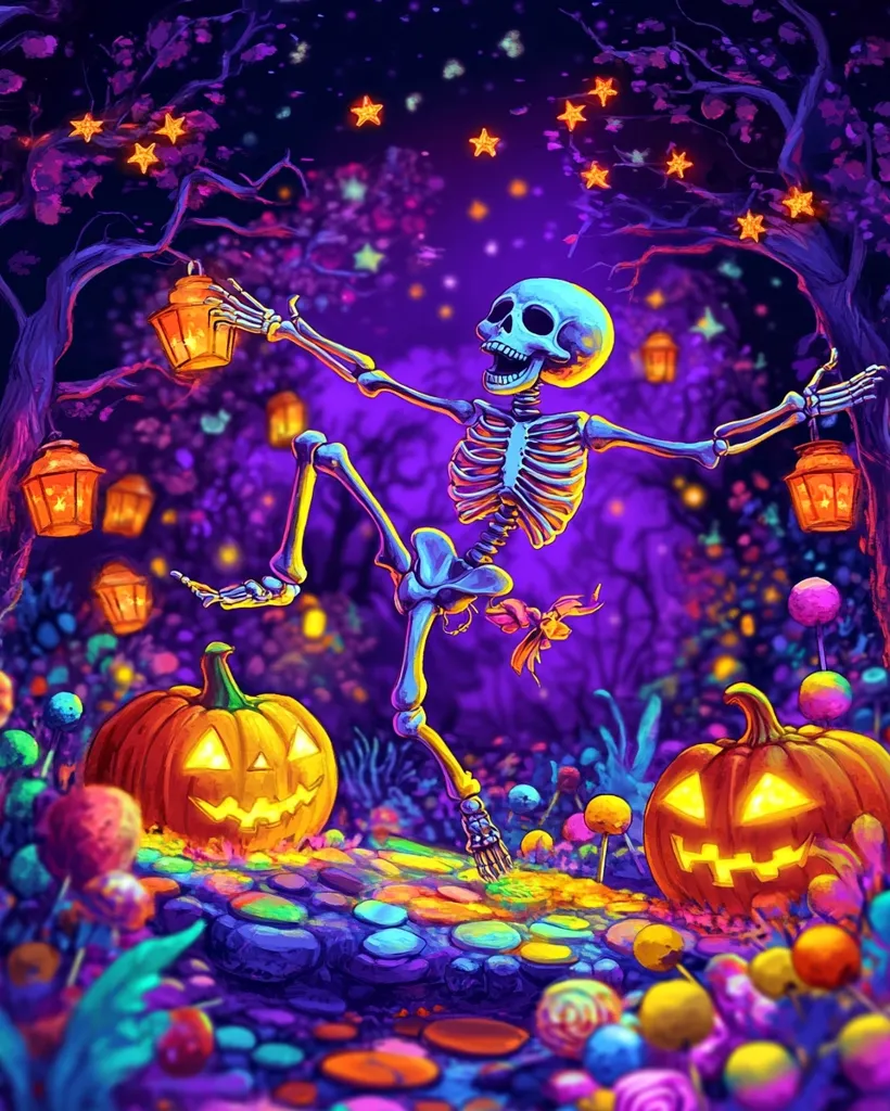 A skeleton dances through a whimsical forest. He holds lanterns in each hand, glowing with a warm light. The forest is filled with vibrant colors and glowing jack-o-lanterns.  The path beneath him is made of colorful stones, and the air is filled with twinkling stars. This festive scene captures the magic of Halloween.