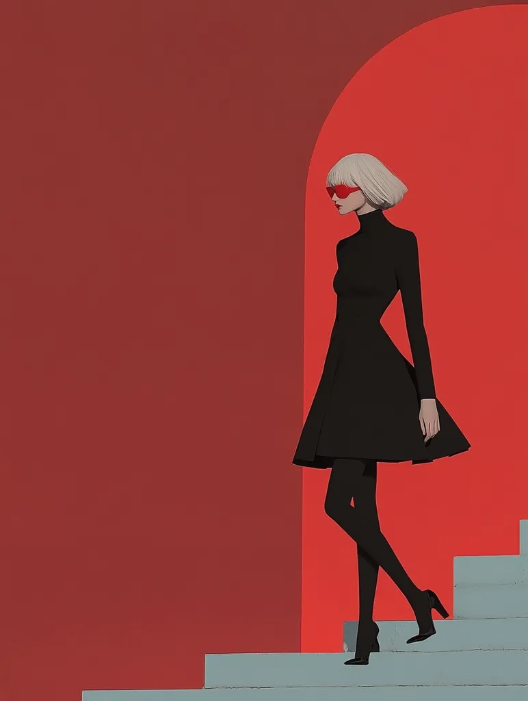 A woman in a black dress and red sunglasses walks down a set of stairs. She is walking away from the viewer, and the background is a bright red color. The stairs are grey. The image has a minimalist style, with clean lines and bold colors. The woman's expression is serious and focused.