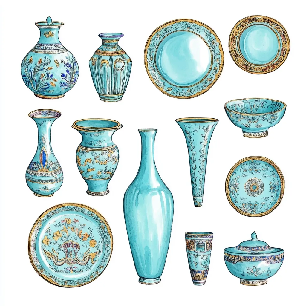 A collection of 11 decorative ceramic pieces, including vases, bowls, plates, and a lidded container. All pieces are adorned with intricate gold designs on a turquoise blue background. They are arranged on a white background.