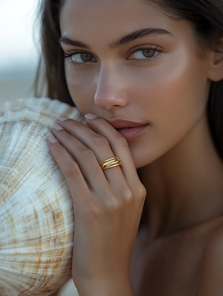 A young woman with long dark hair gazes intensely at the camera, her hand resting on a large seashell. Her skin is flawless and she wears a simple gold ring on her finger. The image evokes a sense of tranquility and natural beauty.  The soft lighting and focus on her eyes create an intimate and alluring atmosphere.