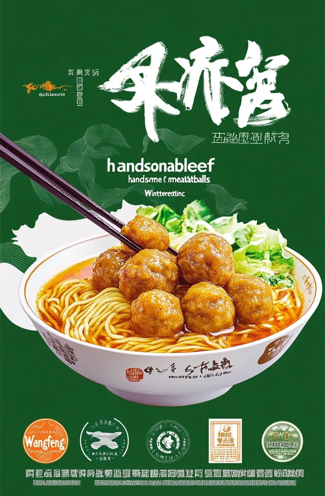 The image shows a bowl of noodle soup with large, round meatballs. The soup is a rich, brown color and there is a lot of broth. There are chopsticks in the bowl, which are sticking out. There is a large, green background with Chinese text and a logo in the top left corner. The bottom of the image contains logos and a line of Chinese text.  This appears to be a food advertisement for a meatball noodle soup dish.  The text in the image suggests that the meatballs are "handsome".