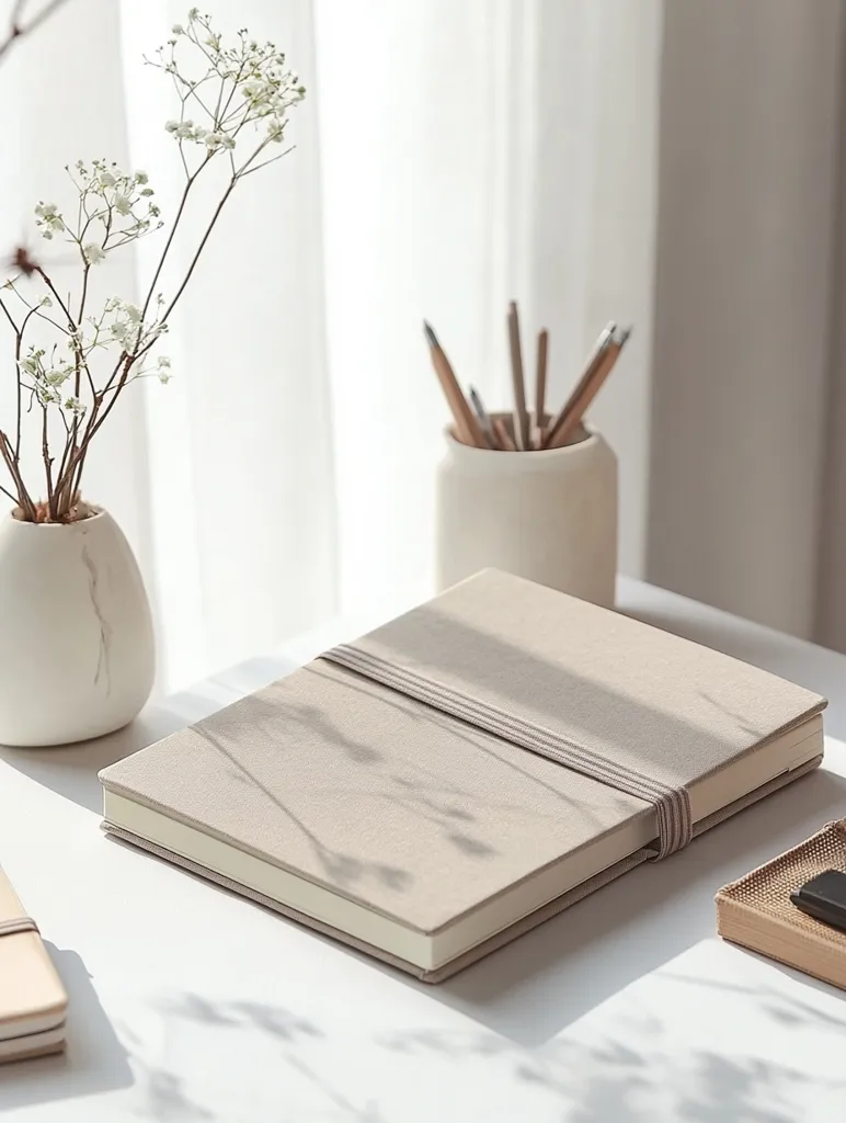 A white table with a beige journal,  a vase of white flowers, a cup of pencils, and a small wooden box. The light from the window casts shadows on the table and the journal, creating a minimalist and serene atmosphere.