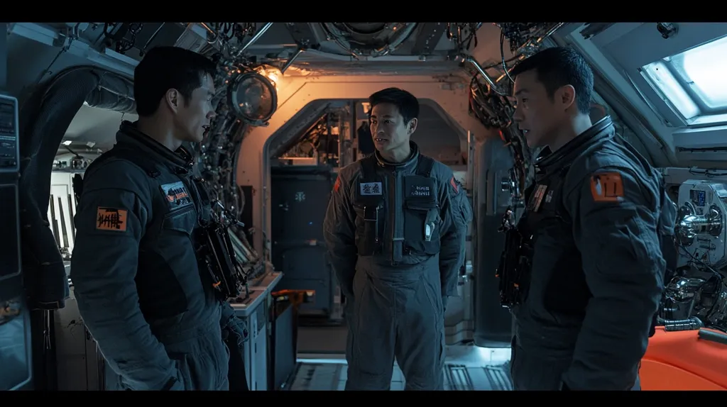 Three men, dressed in astronaut suits, stand in the interior of a spacecraft. The man in the middle is looking at the one on the left who is staring off into the distance. The man on the right is looking at the man in the middle. The spacecraft interior is dimly lit with a gray and white color scheme, with some wires hanging from the ceiling. The men are wearing patches on their sleeves with Chinese characters on them. The image has a mysterious and tense atmosphere.