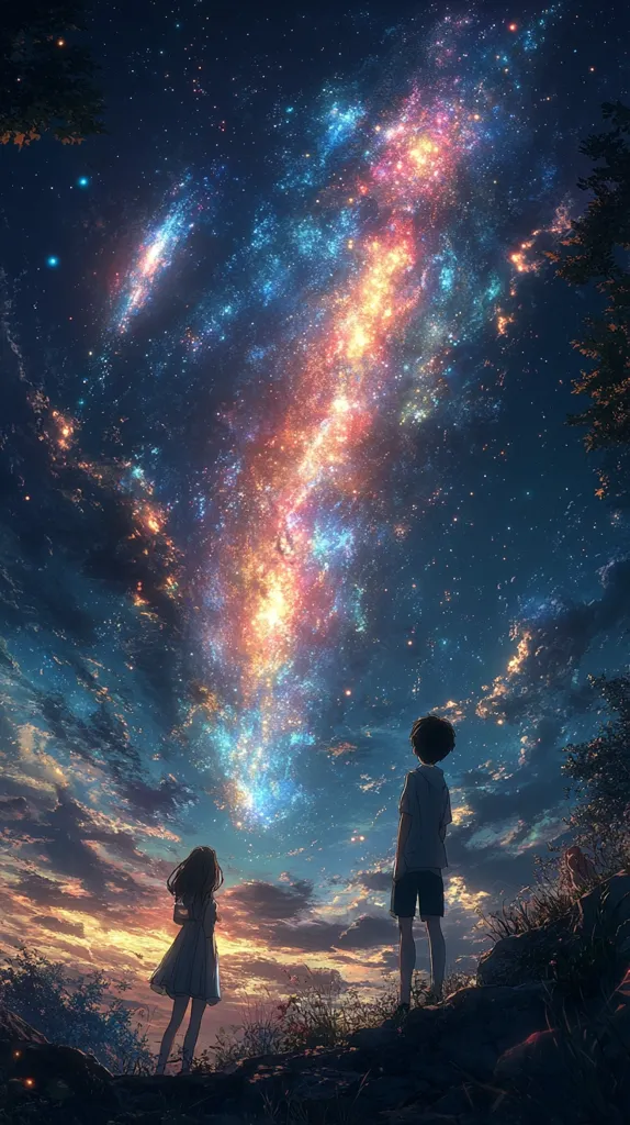 A couple stands silhouetted against a breathtaking night sky filled with a vibrant, swirling galaxy of stars. The stars are a mix of blues, purples, and oranges, creating a mesmerizing display. The couple looks up in awe, their silhouettes contrasting against the vibrant sky, perhaps reflecting on the vastness of the universe and their own place within it. The scene is rendered in an anime style, capturing the beauty of the night sky with a touch of whimsy.