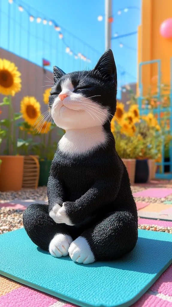 A black and white cat sits in a yoga pose on a turquoise mat. Its eyes are closed, and its paws are crossed. The cat is sitting in a garden setting, surrounded by flowers and plants. The cat appears to be meditating or relaxing.  The scene is peaceful and serene.  The cat looks very happy and content.