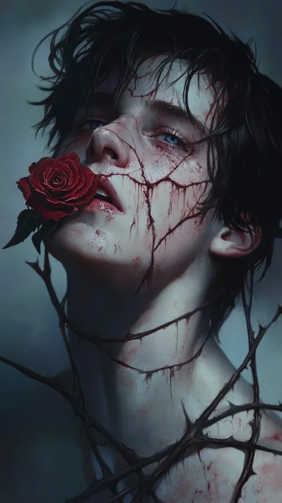 The image shows a young man with dark hair and piercing blue eyes. His face is covered in cuts and blood, and a red rose is held to his lips. The background is dark and shadowy, with thorny branches wrapped around his neck and body. The image evokes a sense of pain, suffering, and beauty.