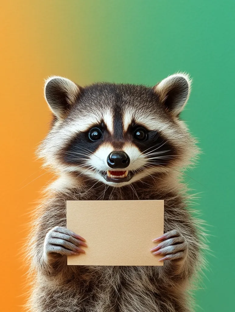 A raccoon is holding a blank tan card in front of its chest. Its paws are out, and it's smiling with its teeth showing. The raccoon has black fur with a white stripe down the middle of its face. The background is a gradient of orange, yellow, and green.