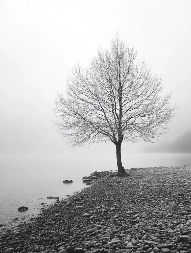 A solitary, bare-branched tree stands tall on a rocky shore, its branches reaching towards a misty sky. The water of the lake is calm and still, reflecting the grayness of the fog. The image is a study in contrasts, with the starkness of the tree against the soft, diffused light.