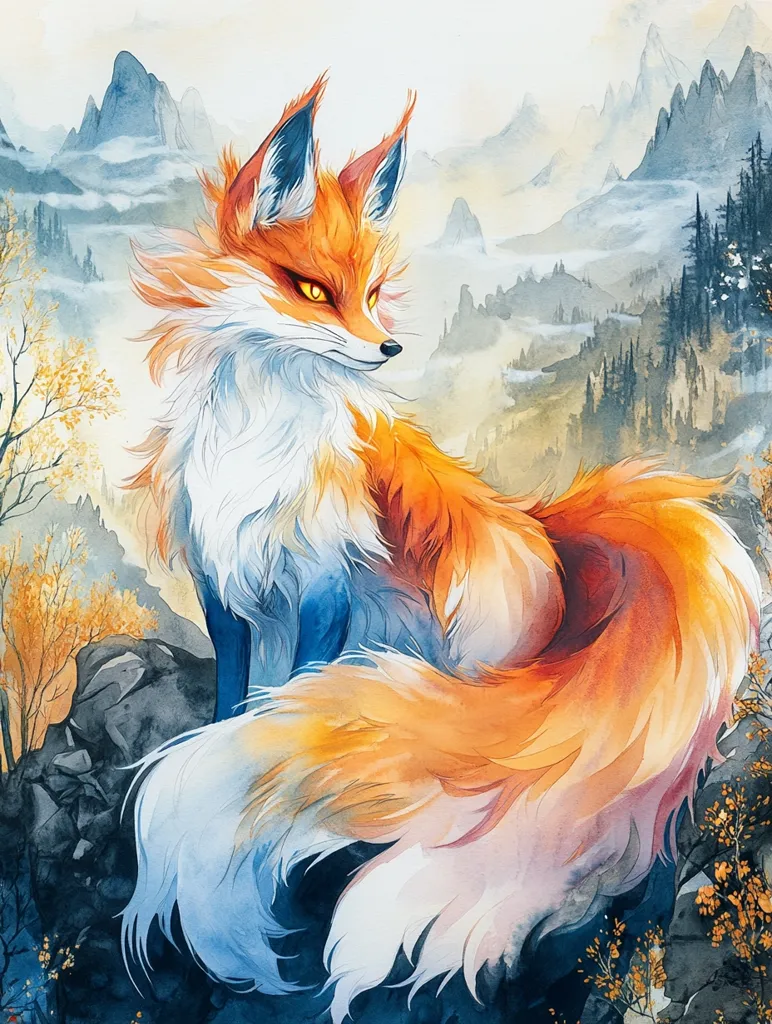 The image is a watercolor painting of a fox. The fox is orange and white with a long bushy tail. It is sitting on a rocky outcrop with a mountain range in the background. The mountains are covered in fog and trees, and the sky is a soft blue. The painting is done in a style that is reminiscent of traditional Japanese art. It is peaceful and serene, with a sense of mystery and magic. The fox is the focal point of the painting, and it appears to be looking out at the viewer. The artist has used a variety of brushstrokes to create the fur and the landscape. The overall effect is one of beauty and wonder.