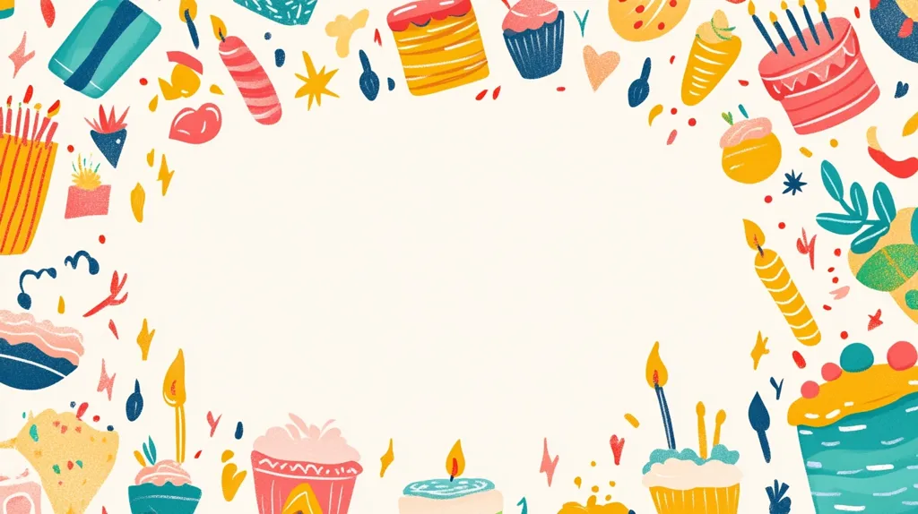 This image is a colorful birthday card border with various illustrations including cakes, cupcakes, candles, and confetti. The background is white, with the illustrations framing the center of the card. The overall design is playful and festive, perfect for a birthday celebration.