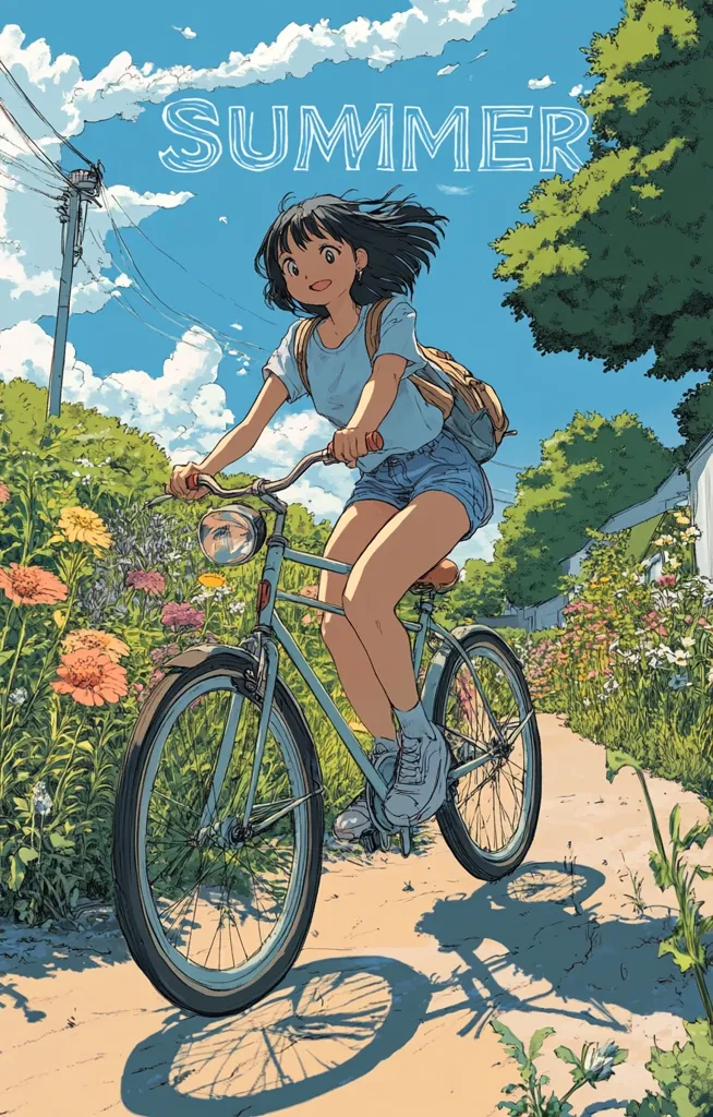 The image depicts a young woman riding a bicycle down a dirt road. The sky is bright blue with fluffy white clouds, and the word "SUMMER" is written across the top of the image. The woman is wearing a blue shirt and denim shorts, and she has a backpack on her back. There are flowers on both sides of the road, and the scene is overall very peaceful and serene. The image captures the feeling of summer freedom and joy.