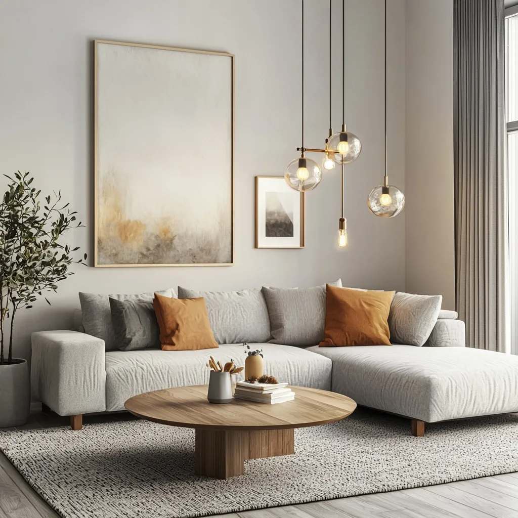 The image shows a modern living room with a large sectional sofa, a round wooden coffee table, and a rug.  The walls are painted a light gray and there are two framed pictures on the wall.  The sofa has a textured fabric and is in a soft gray color.  A large window with curtains fills the right side of the room, and there is a leafy plant in the corner of the room on the left.  The coffee table is decorated with several books, plants, and other decorative items.  The room is decorated in a minimalist style.  Five round light fixtures hang from the ceiling.  There are decorative orange pillows on the sofa.