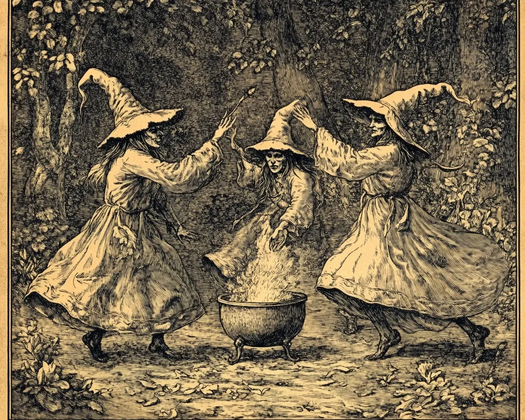 The image is a black and white illustration of three witches performing a ritual in a forest clearing. The witches are wearing long robes and pointed hats, and they are dancing around a cauldron that is bubbling with a magical liquid. The scene is set in a dark and mysterious forest, with trees and leaves surrounding the witches. The image is full of detail and has a strong sense of atmosphere. The witches appear to be performing a ritual or spell, and their faces are full of intensity. The overall impression of the image is one of mystery and enchantment.