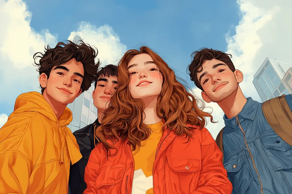 The image depicts four young friends, a girl with long, curly, brown hair wearing a red jacket and three boys with brown hair. They are all looking directly at the viewer with smiles on their faces. The girl is in the center and the boys are on either side of her. The background is a bright blue sky with white clouds and tall buildings in the distance. The friends are in a casual setting, suggesting a moment of shared joy and camaraderie. The overall tone of the image is positive and optimistic.