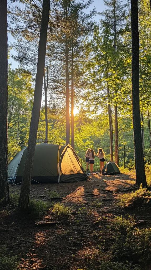 A large green tent sits in a clearing in a forest, bathed in the golden glow of the setting sun. Three young women stand near the tent, enjoying the tranquility of the woodland setting. Tall trees surround the campsite, casting long shadows on the forest floor. The air is still and peaceful, creating a sense of serenity and adventure.
