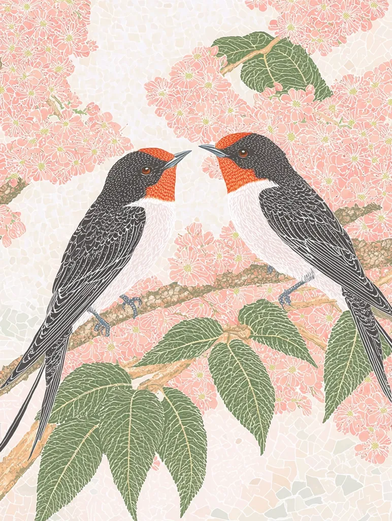 Two birds with black and white feathers and bright red throats sit on a branch of a tree. They are facing each other and appear to be in conversation.  The tree is in full bloom with delicate, light pink flowers. The background is a light mosaic of colors. The scene is serene and romantic, suggesting a close bond between the birds.