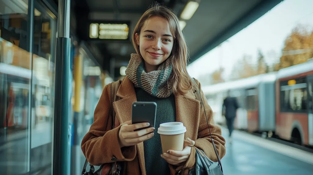 A young woman with long brown hair, wearing a brown coat and a knitted scarf, stands in a train station. She holds a smartphone in her right hand and a takeaway coffee cup in her left hand. She smiles at the camera, looking relaxed and casual. A large train is visible in the background.  The scene suggests a moment of peaceful waiting.
