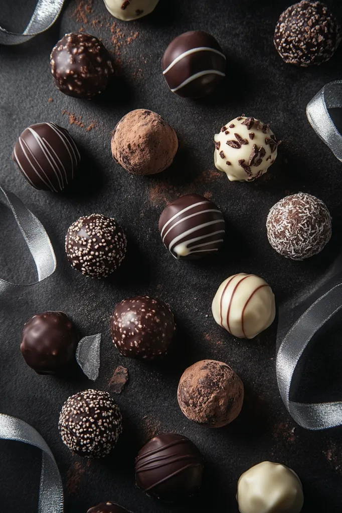 A variety of assorted chocolates are displayed on a black surface with silver ribbon accents. The chocolates are both dark and white and some have a dusting of cocoa powder on top. The image captures a close-up view of the tempting treats, showcasing their rich textures and deliciousness.