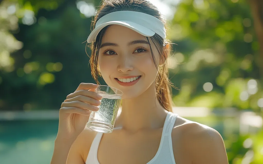 A young woman with long brown hair, wearing a white tank top and a white visor, is smiling and drinking from a glass of water. She is standing outdoors, with green foliage blurred in the background. The photo captures a moment of refreshment and relaxation.