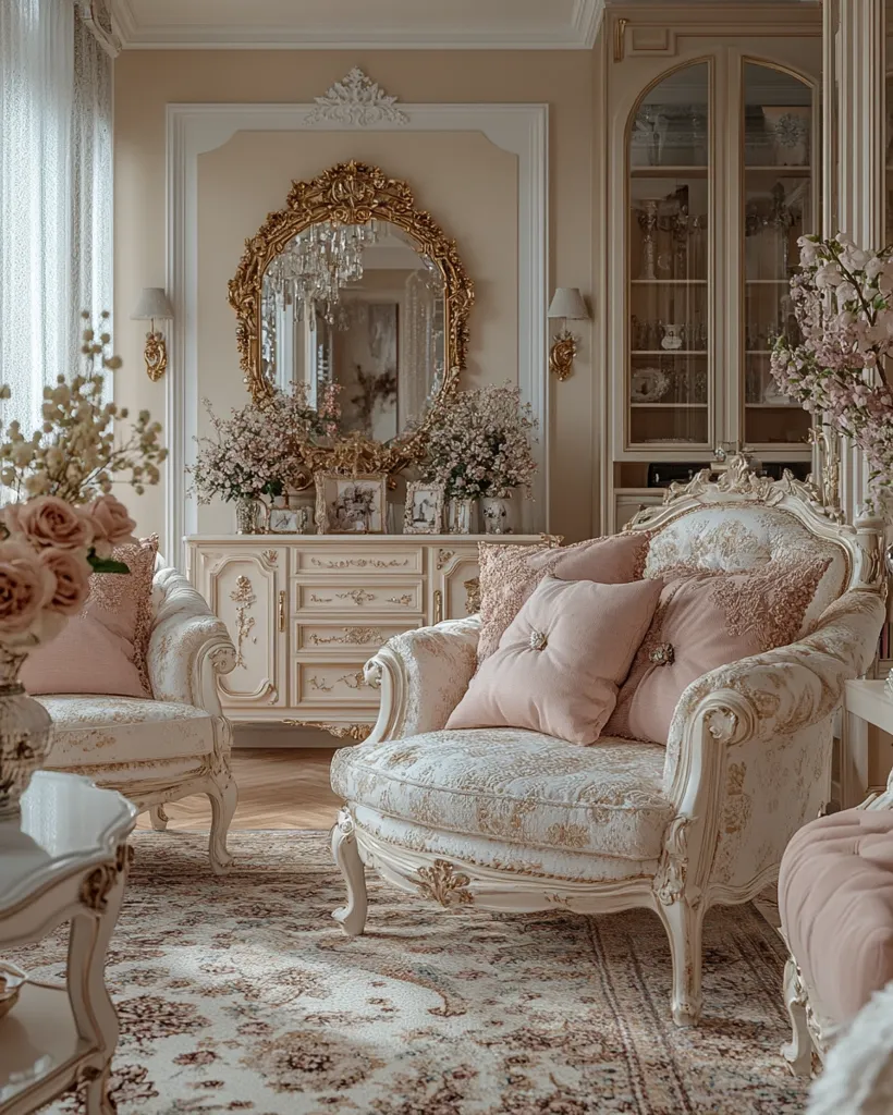 A luxurious living room with an ornate, gilded mirror over a white chest of drawers. Two plush armchairs with delicate floral patterns and soft pink pillows are positioned on a plush, cream rug.  The room is adorned with intricate moldings, floral arrangements, and a glass-fronted cabinet.  It exudes elegance and sophistication, evoking a timeless sense of refined taste.