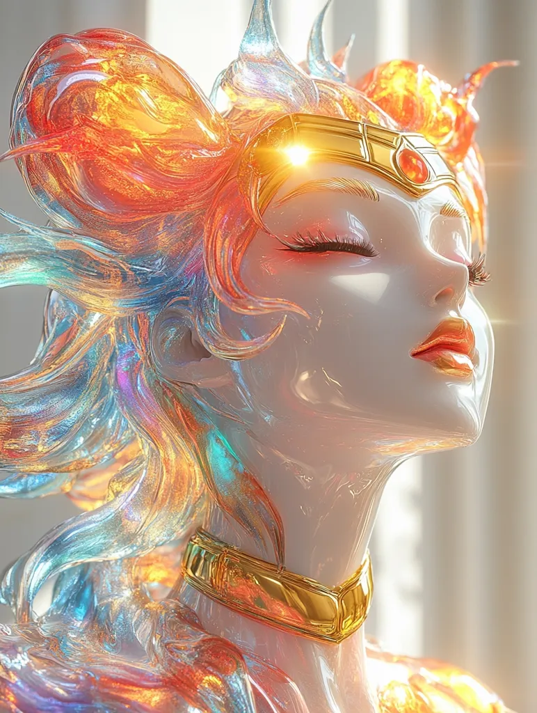 The image depicts a woman with iridescent hair, a gold crown, and a gold collar. Her eyes are closed, and her expression is serene. The background is a soft blur of light and color, creating a dreamy and ethereal atmosphere. The image evokes a sense of beauty, power, and mystery.