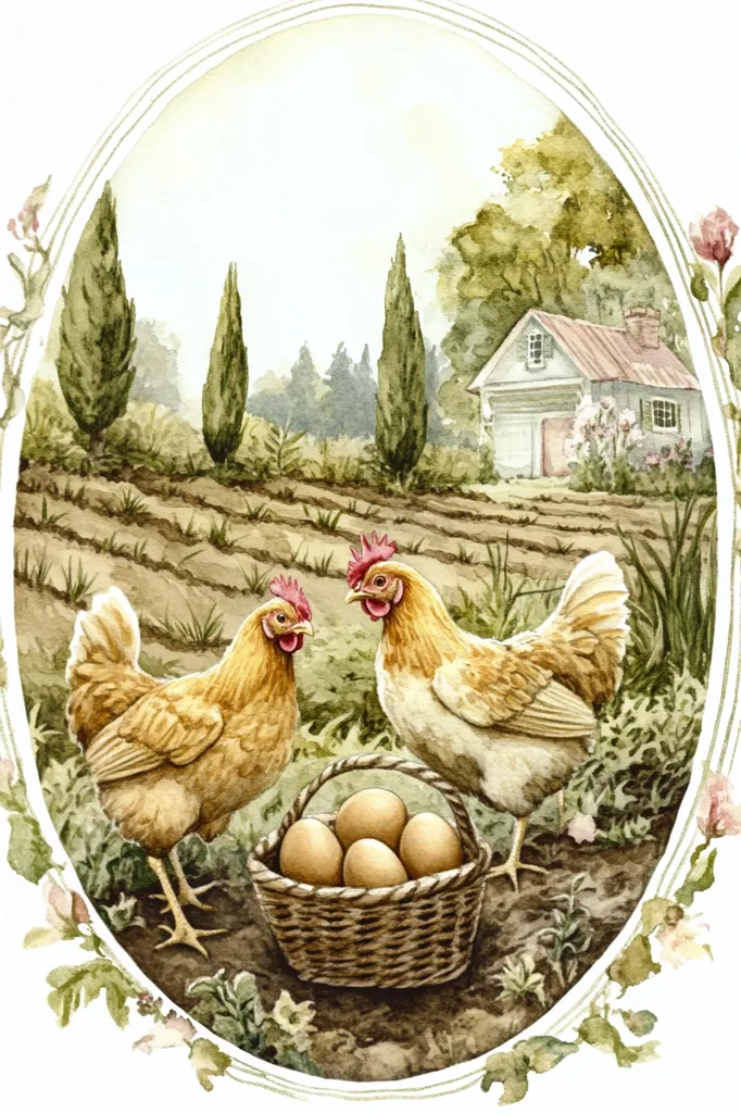 The image is a watercolor painting of a quaint countryside scene. Two hens, one brown and one white, stand beside a basket of freshly laid eggs. The background features a small white farmhouse with a red roof, surrounded by lush green trees and a plowed field. The overall impression is one of rural tranquility and the simple pleasures of nature.