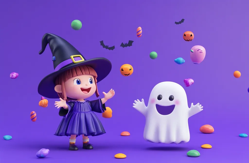 A cute cartoon witch in a purple dress and a black witch's hat stands on a purple background. She smiles and raises her hand in greeting.  A friendly ghost floats nearby, also smiling.  Floating around them are candy, pumpkins, bats, and other Halloween-themed decorations.  The scene is cheerful and whimsical.