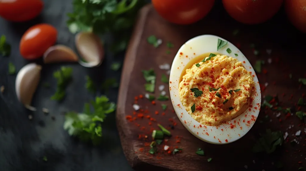 A deviled egg sits on a wooden cutting board, sprinkled with paprika and parsley. It is surrounded by chopped garlic, parsley, and tomatoes. The cutting board is in focus, while the background is blurred. The image conveys a sense of freshness and homemade goodness.