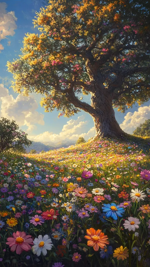 A majestic, old tree stands tall on a grassy hilltop, its branches reaching towards a bright blue sky dotted with fluffy white clouds. The ground is covered in a vibrant tapestry of wildflowers, their colorful petals adding a splash of joy to the scene. The warm sunlight bathes the landscape in a golden glow, creating a peaceful and picturesque moment.