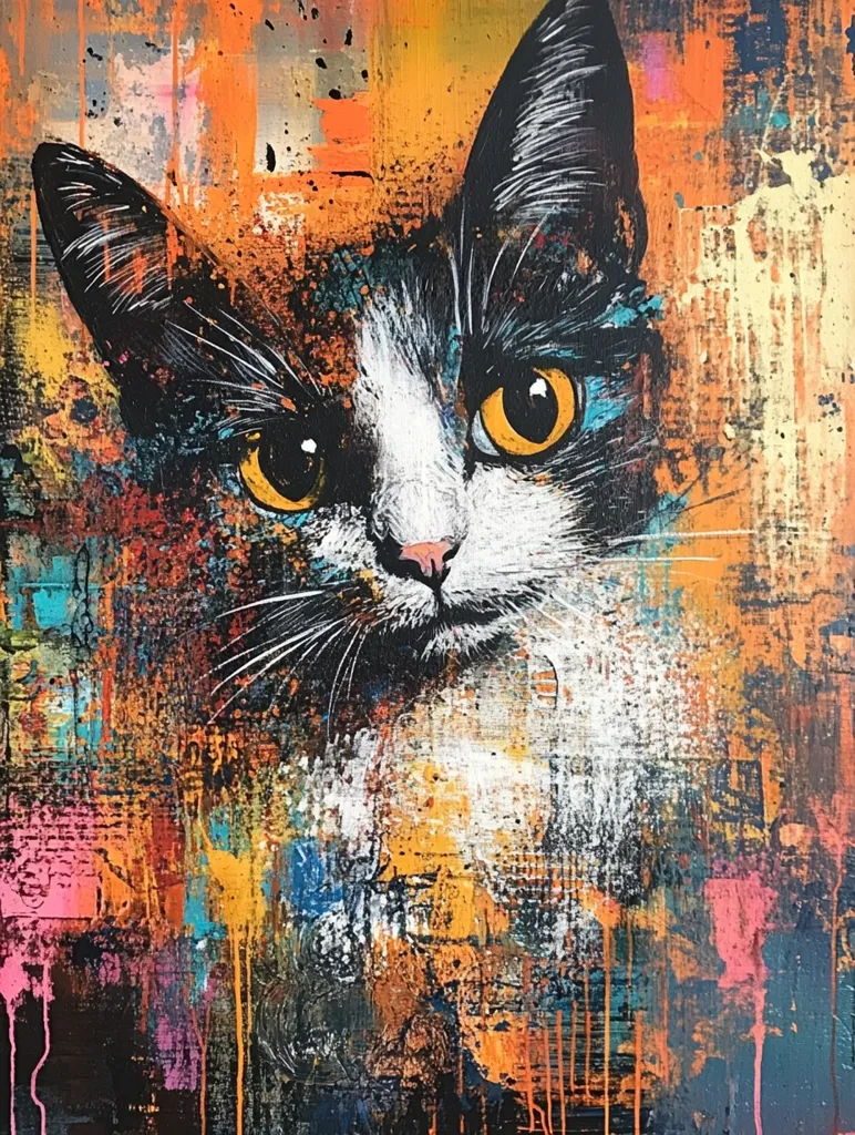 The painting features a close-up portrait of a black and white cat with bright yellow eyes. The cat is set against a vibrant, abstract background featuring splashes of orange, blue, pink, and yellow paint. The background appears textured, adding depth and dimension to the artwork. The painting captures the cat's curious and playful gaze, creating a sense of energy and life.