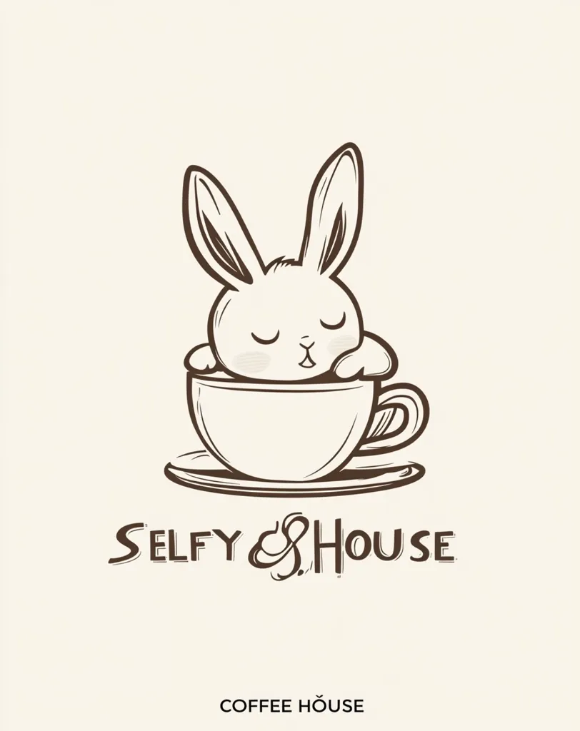 The image is a logo for a coffee shop called "Selvy & House Coffee House."  A cartoon bunny with closed eyes is peeking out of a coffee cup. The bunny is drawn in a simple, minimalist style, with black outlines on a cream background. The logo is cute and playful, perfect for a coffee shop that caters to a younger crowd.