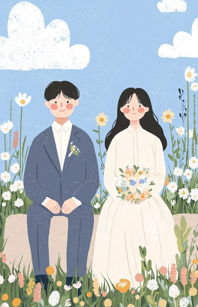 A cartoon couple dressed in wedding attire are seated amongst a field of flowers. The groom is wearing a blue suit with a white shirt, and the bride is in a white dress holding a bouquet. They are smiling, and the blue sky behind them is filled with fluffy white clouds. The image is filled with soft, pastel colours and a sense of happiness and love.