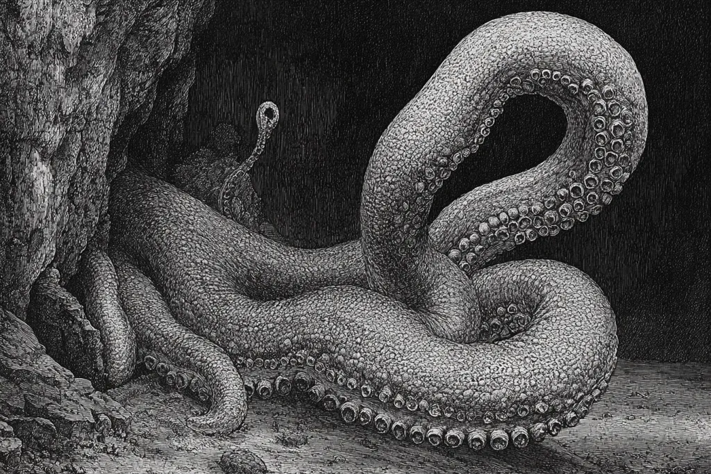A detailed black and white pen and ink drawing of a large octopus resting near a cave. The octopus is depicted with great realism, showing its textured skin, suckered tentacles, and bulbous head. The dark background emphasizes the creature's form, creating a sense of mystery and intrigue.  The drawing is reminiscent of a vintage illustration, showcasing the artist's skill in capturing the beauty and power of the sea's creatures.
