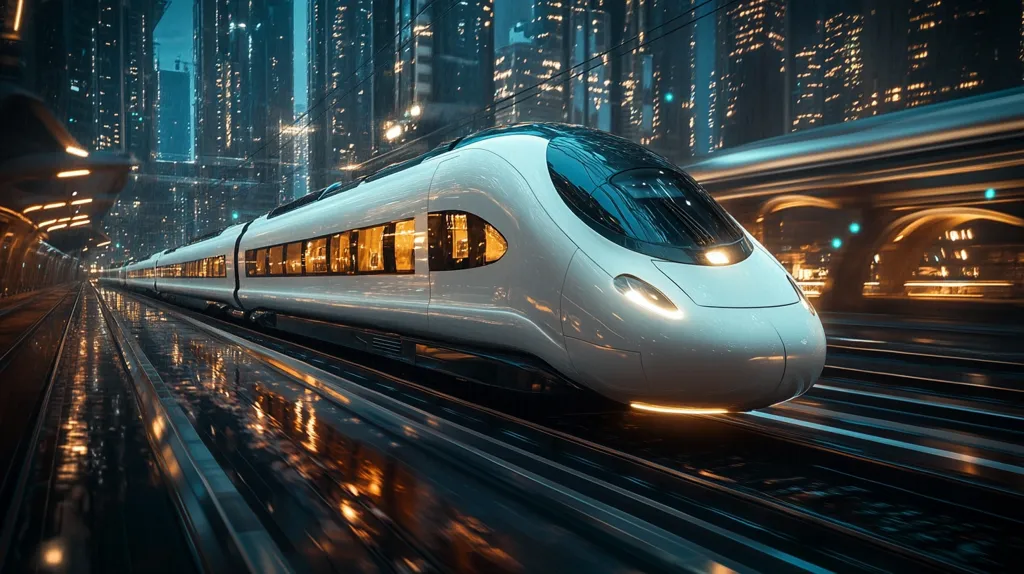 A sleek, white high-speed train races through a futuristic cityscape. The train's headlights illuminate the wet tracks, reflecting the glow of the city's lights. The train seems to be in motion, capturing a sense of speed and dynamism. The tall buildings and the sleek design of the train create a sense of modernity and progress. The image evokes a sense of anticipation and excitement for the future.