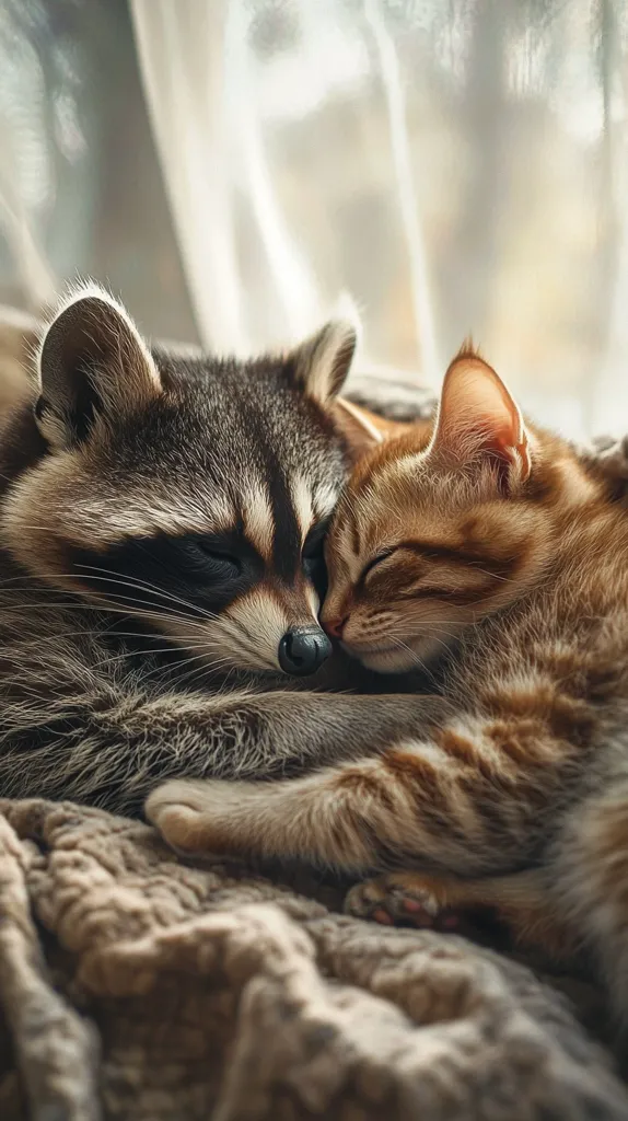 A raccoon and a tabby cat are curled up together on a soft, fuzzy blanket. The raccoon is lying on its side with its head resting on the cat's back. The cat is curled around the raccoon, with its head resting on the raccoon's shoulder. Both animals are asleep, and their bodies are relaxed. The image is soft and cuddly, and it evokes a sense of peace and tranquility.