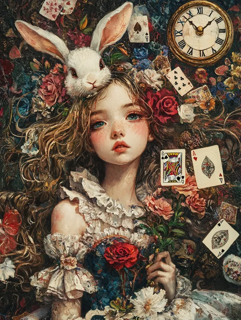 The painting depicts a young woman with flowing blonde hair, a white rabbit on her head, and a rose in her hand. She wears a white dress with ruffles and appears to be in a dreamlike, magical setting. The background is filled with flowers, playing cards, and a clock face, suggesting a whimsical and fantastical world, possibly inspired by Alice in Wonderland. The woman's expression is soft and dreamy, adding to the ethereal quality of the artwork.